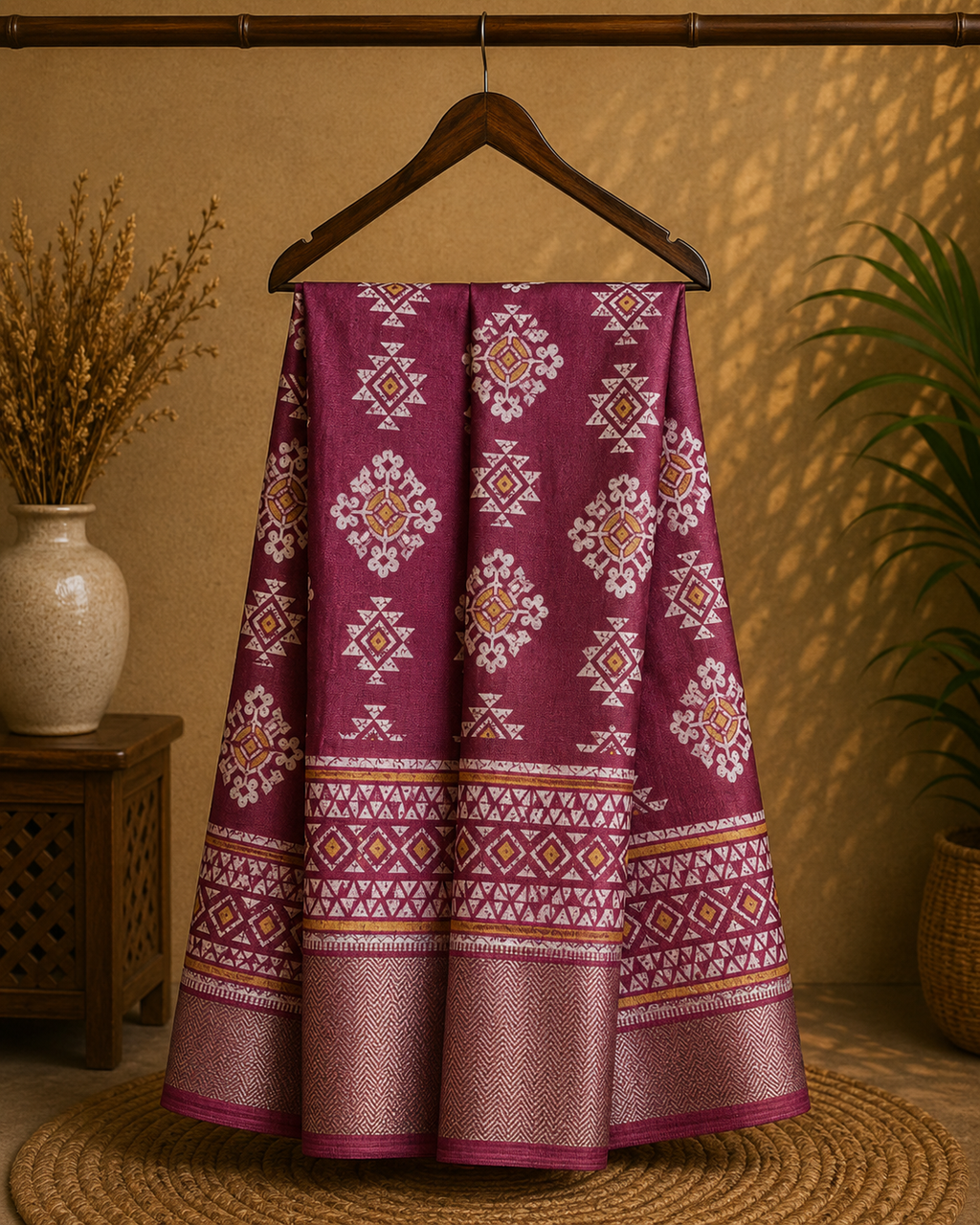 Elegant mauve printed saree, featuring beautiful geometric and floral-inspired motifs complemented by a rich zari border- Cotton tissue soft Saree