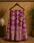 Elegant mauve printed saree, featuring beautiful geometric and floral-inspired motifs complemented by a rich zari border- Cotton tissue soft Saree