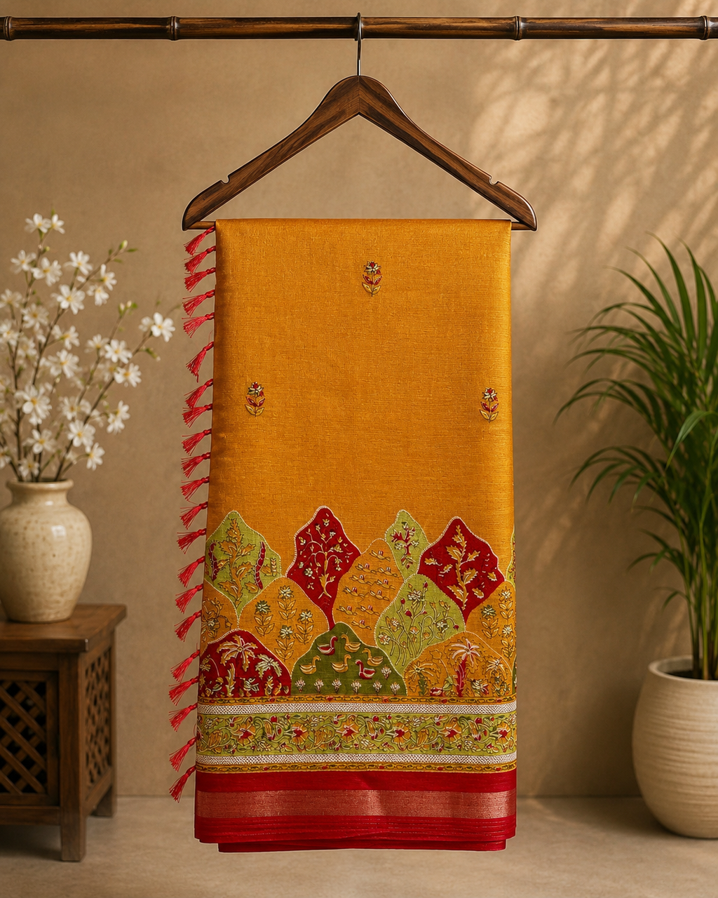 Elegant mustard yellow saree featuring delicate floral butti and a beautifully crafted multicolor scenic Zari border -with  Tassels.