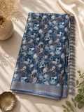 Beautiful Satin and Cotton Combination Saree with Floral design and Woven Border  (blue, white, and grey)