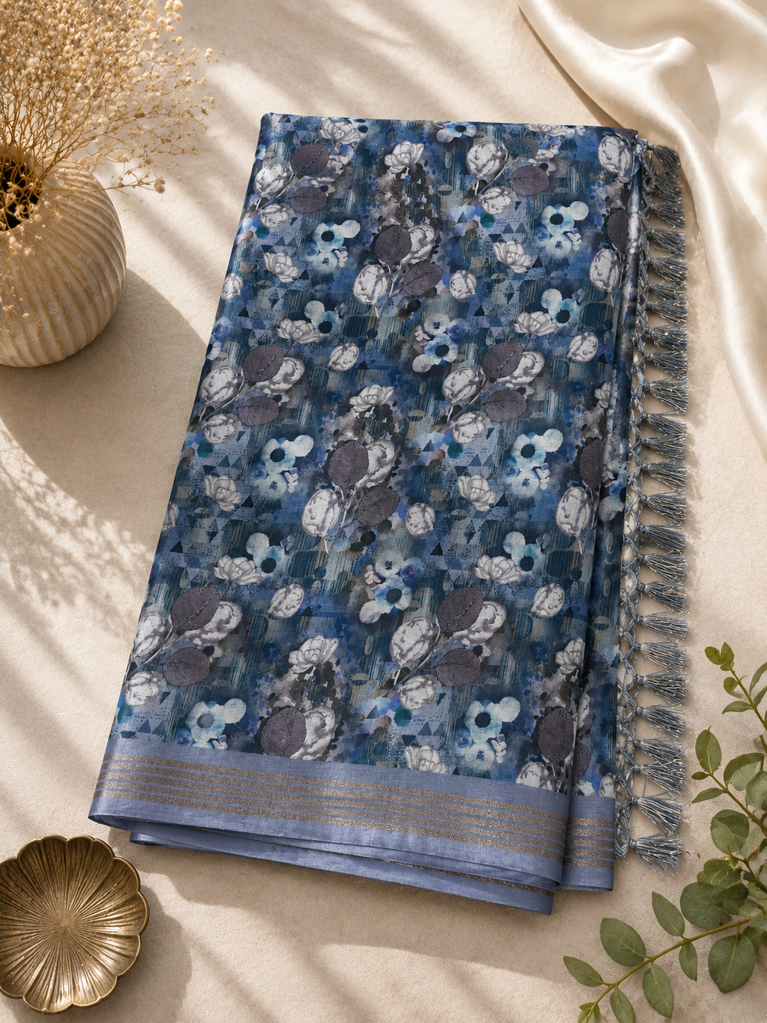Beautiful Satin and Cotton Combination Saree with Floral design and Woven Border  (blue, white, and grey)