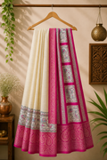 Dola Silk Digital Printed - Cream and Pink Combination with Floral Border
