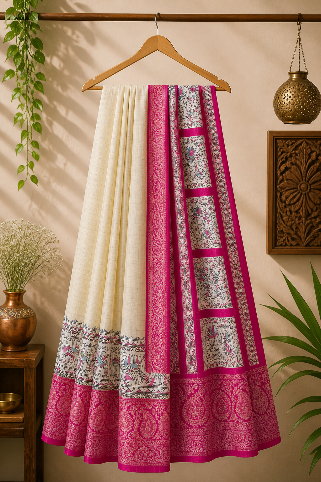Dola Silk Digital Printed - Cream and Pink Combination with Floral Border