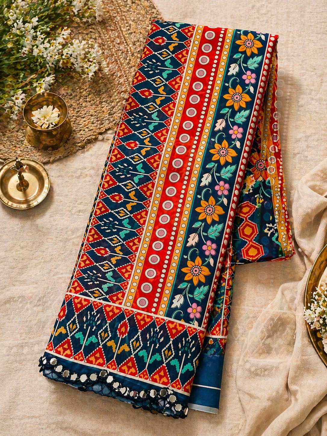 Mirror Work Star Georgette Saree - Blue and Multi Colour Combination