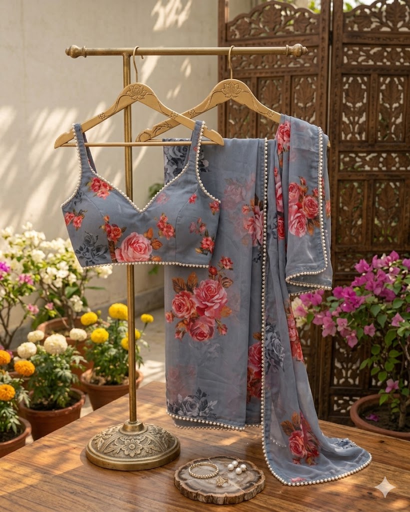 Beautiful Grey Georgette Saree with large Floral Prints in Pink and Orange -with Pearl Border