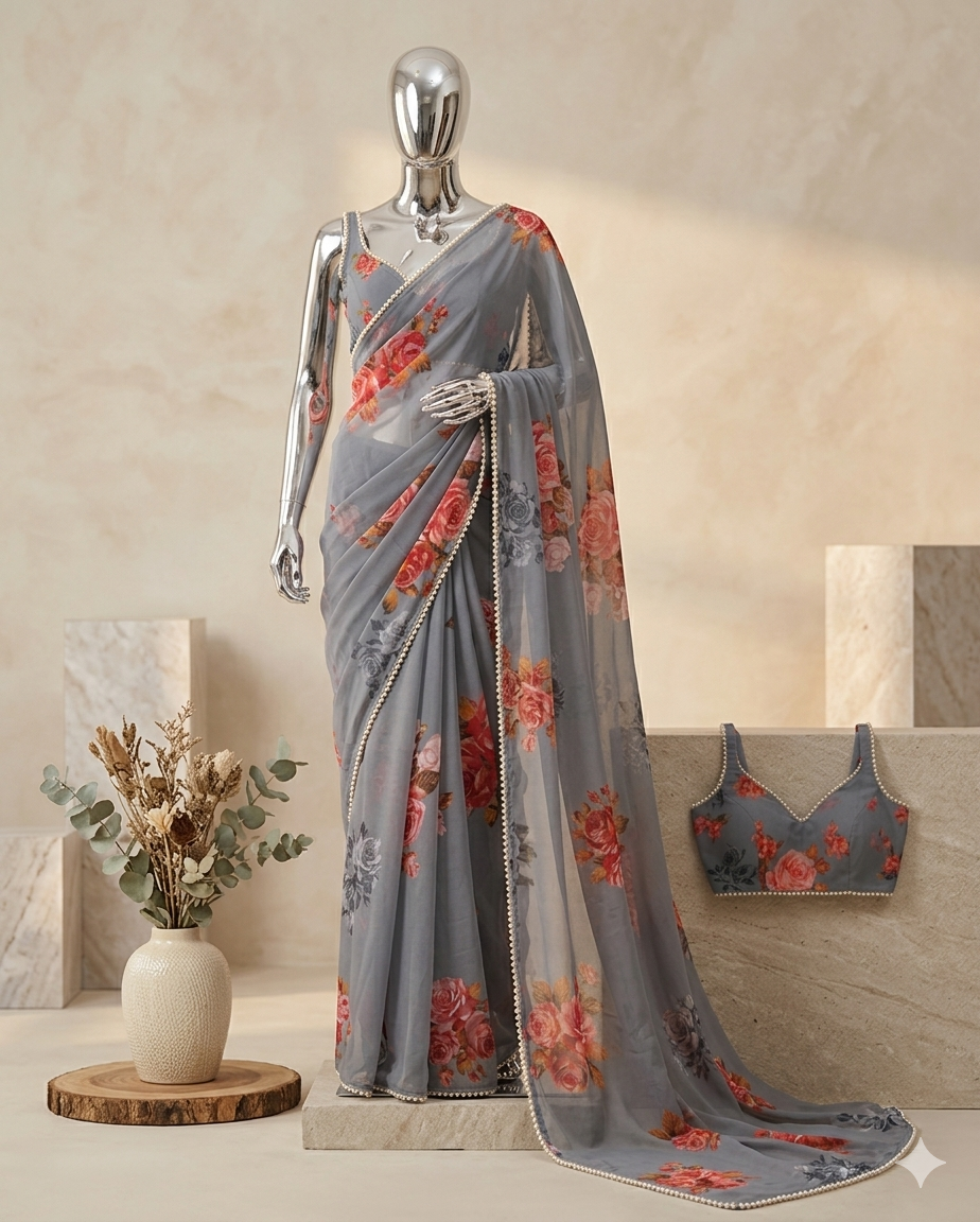Beautiful Grey Georgette Saree with large Floral Prints in Pink and Orange -with Pearl Border