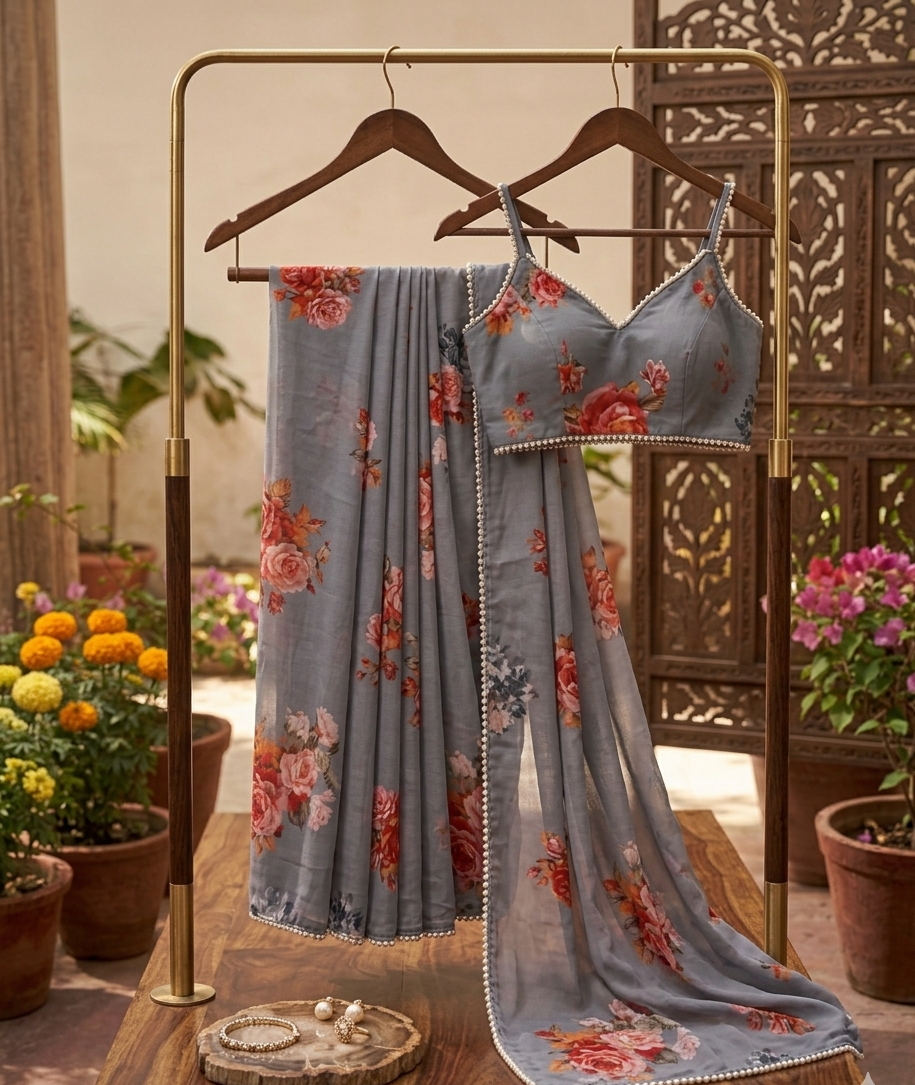 Beautiful Grey Georgette Saree with large Floral Prints in Pink and Orange -with Pearl Border