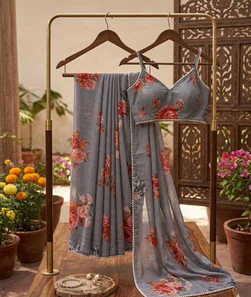Beautiful Grey Georgette Saree with large Floral Prints in Pink and Orange -with Pearl Border