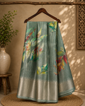 Elegant Sage Green saree adorned with Leaf prints with zari woven border - Fancy Saree Cotton Mix Satin Finish.