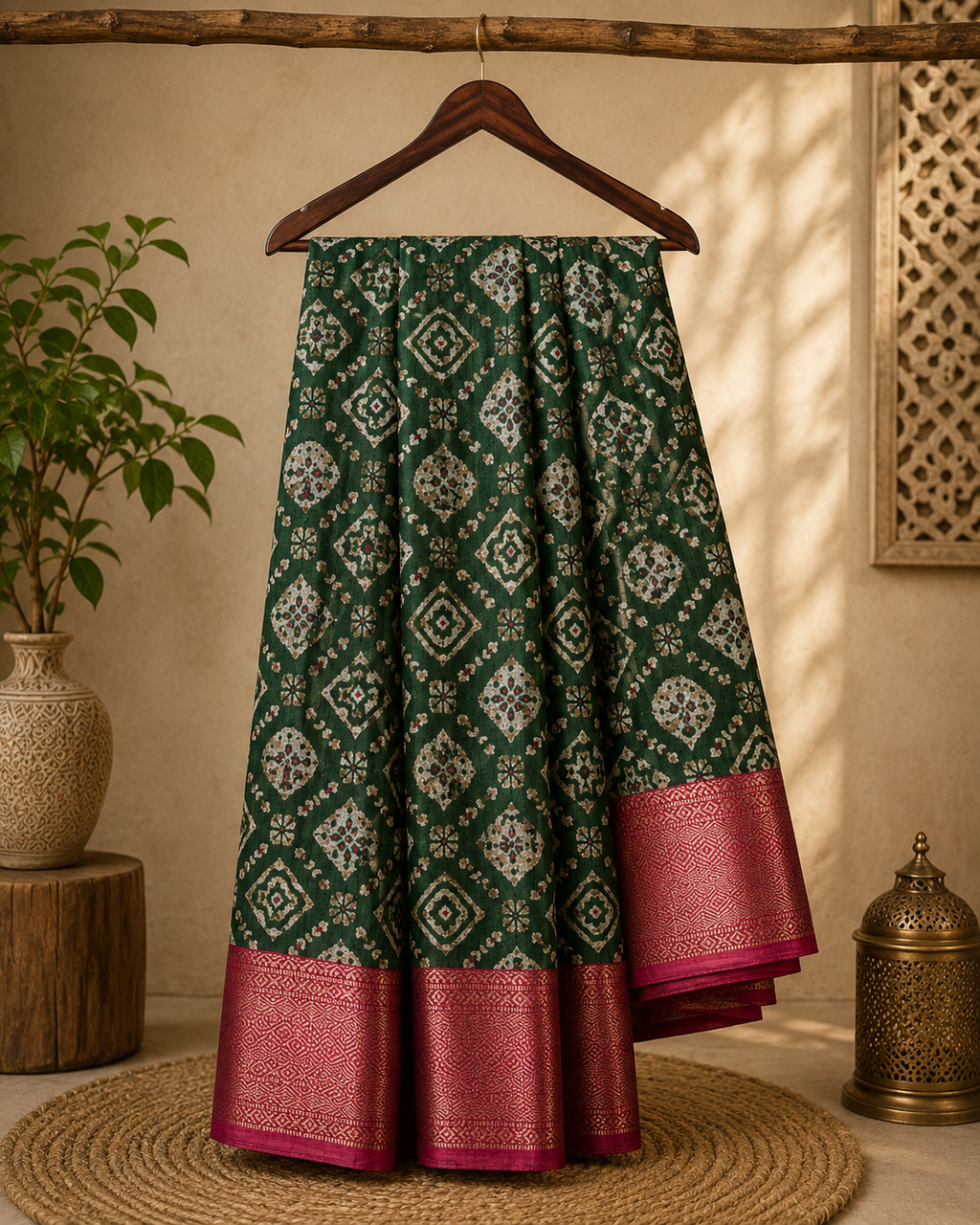 Beautiful Dark Green Khadi Cotton Saree Featuring Geometric and Floral Motifs with Rich Contrast Pink Weaving Zari Border