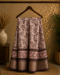 elegant beige saree featuring delicate floral vine prints and a beautifully dark brown zari border - Cotton tissue soft Saree