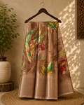 Elegant coffee brown saree adorned with multicolor leaf prints with zari woven border - Fancy Saree Cotton Mix Satin Finish.
