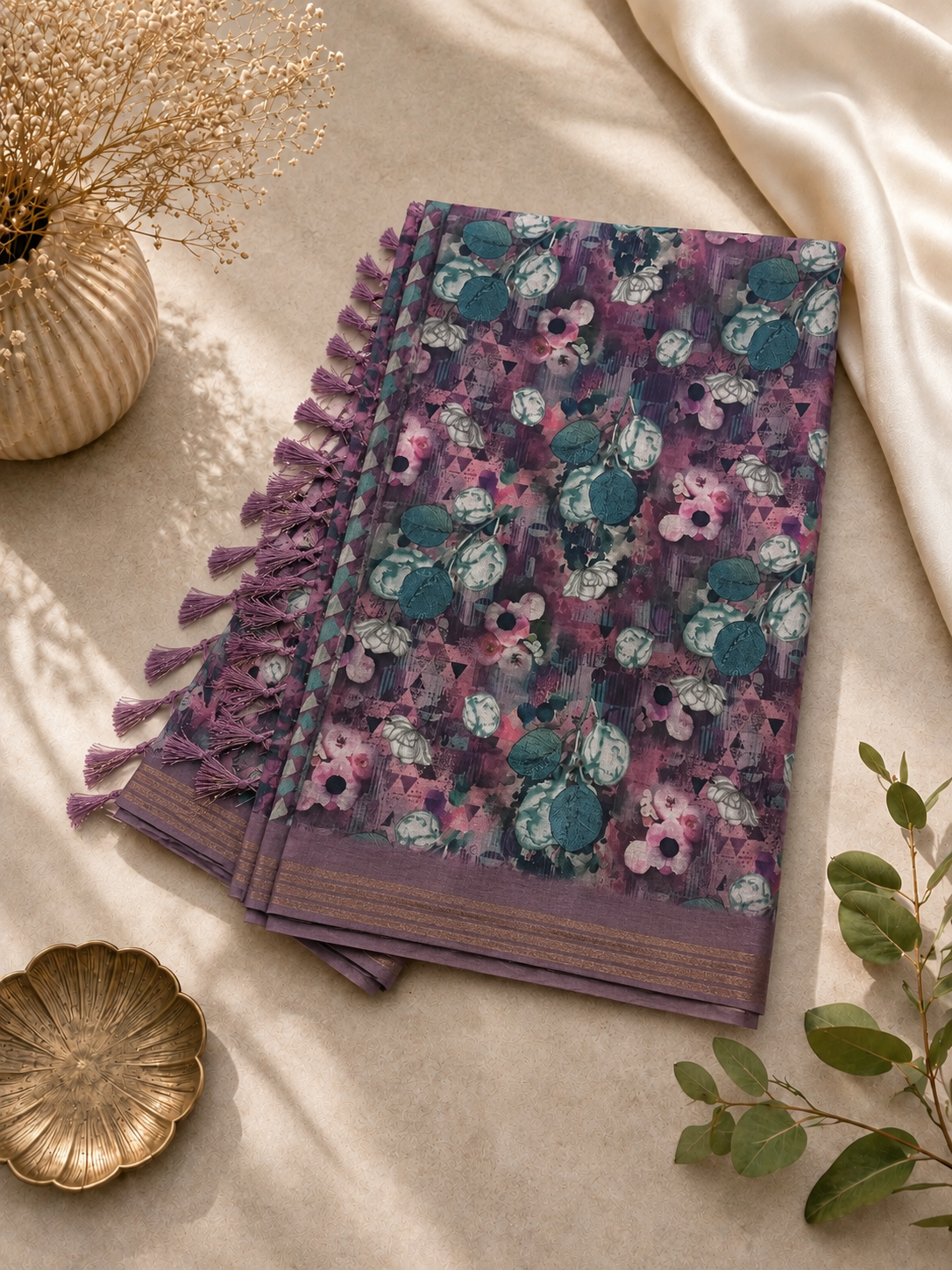 Beautiful Satin and Cotton Combination Saree with Floral design and Woven Border  ( purple, teal, pink, and grey)