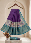 Dola Silk Digital Printed - Purple and Sky Blue Combination with Floral Border