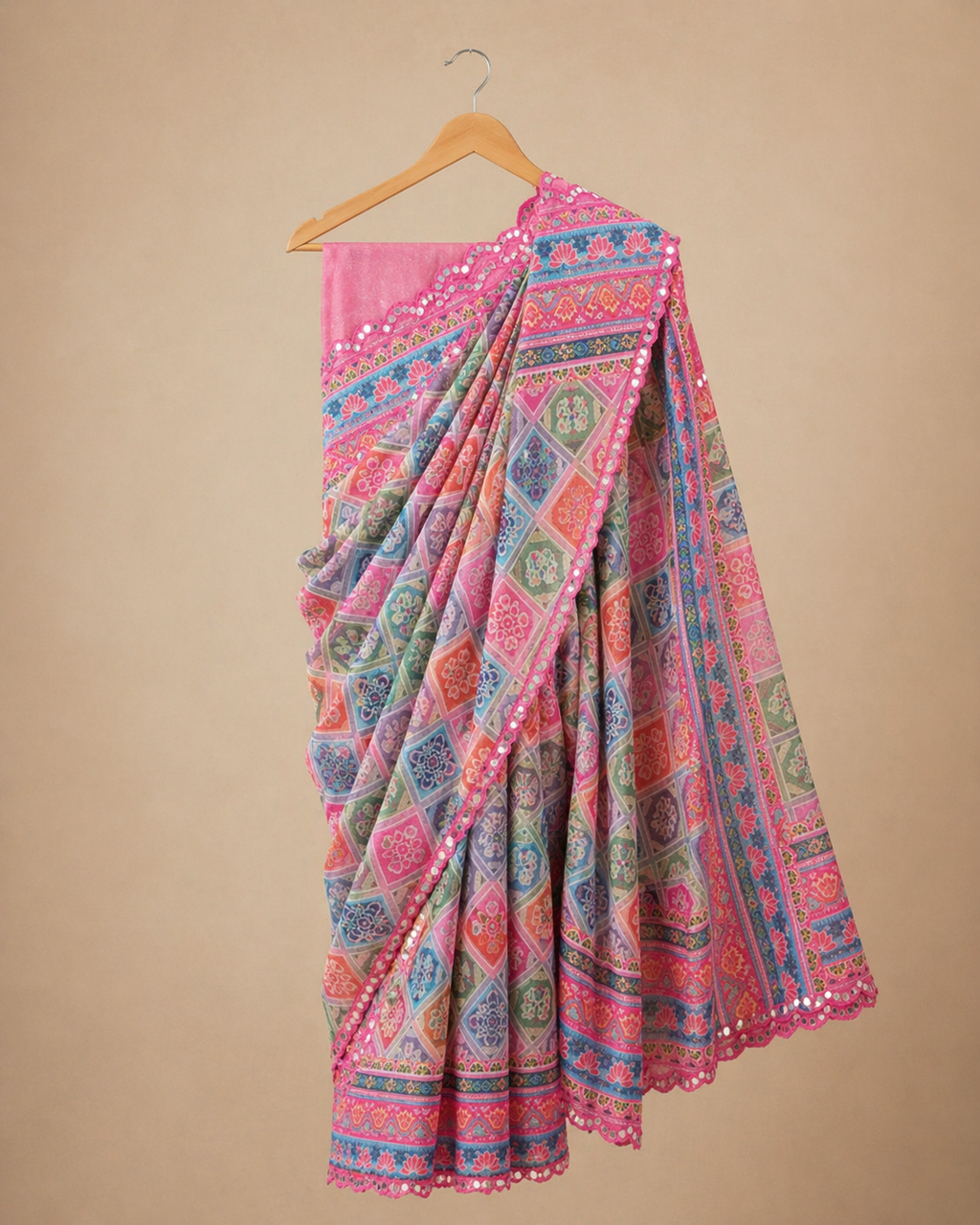 Mirror Work Star Georgette Saree - Pink and Multi Colour Combination