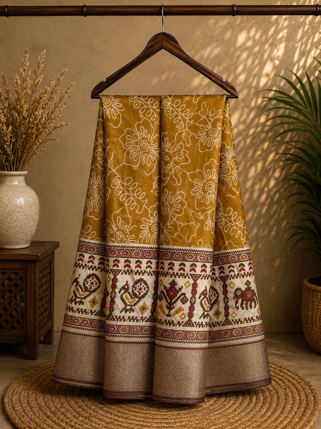 Elegant mustard yellow saree featuring delicate floral prints and a beautifully crafted traditional border - Cotton tissue soft Saree
