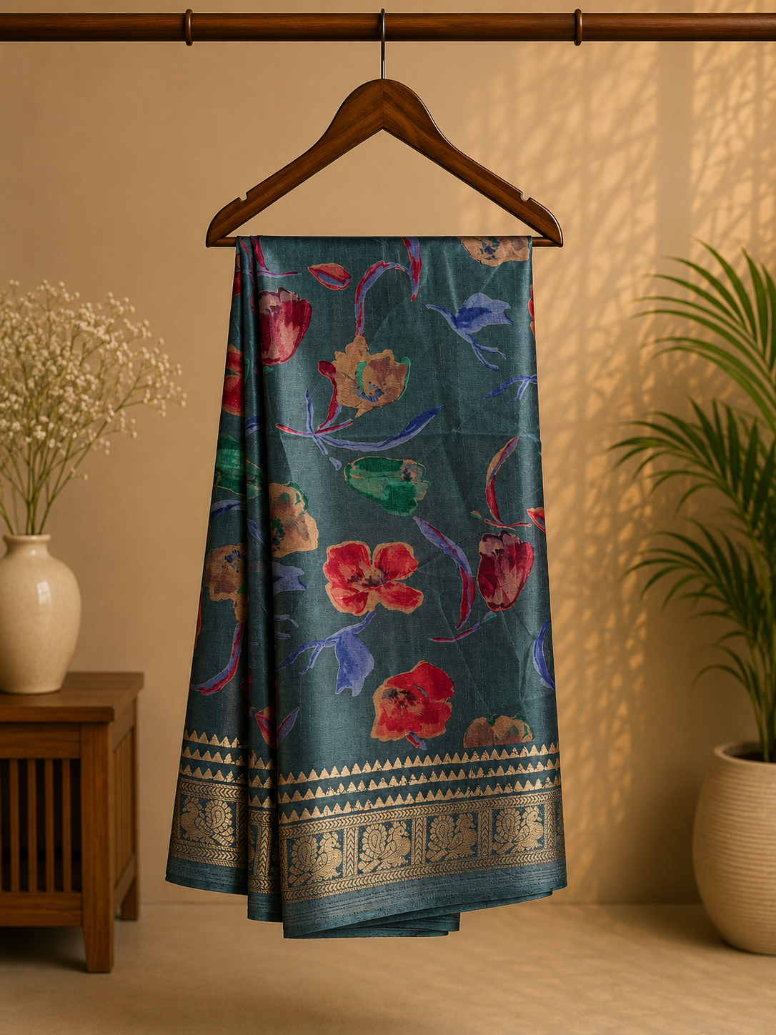 Elegant teal blue saree featuring vibrant multicolor floral prints that add a fresh and graceful charm. Finished with a rich golden woven zari border- Satin Tissue Saree