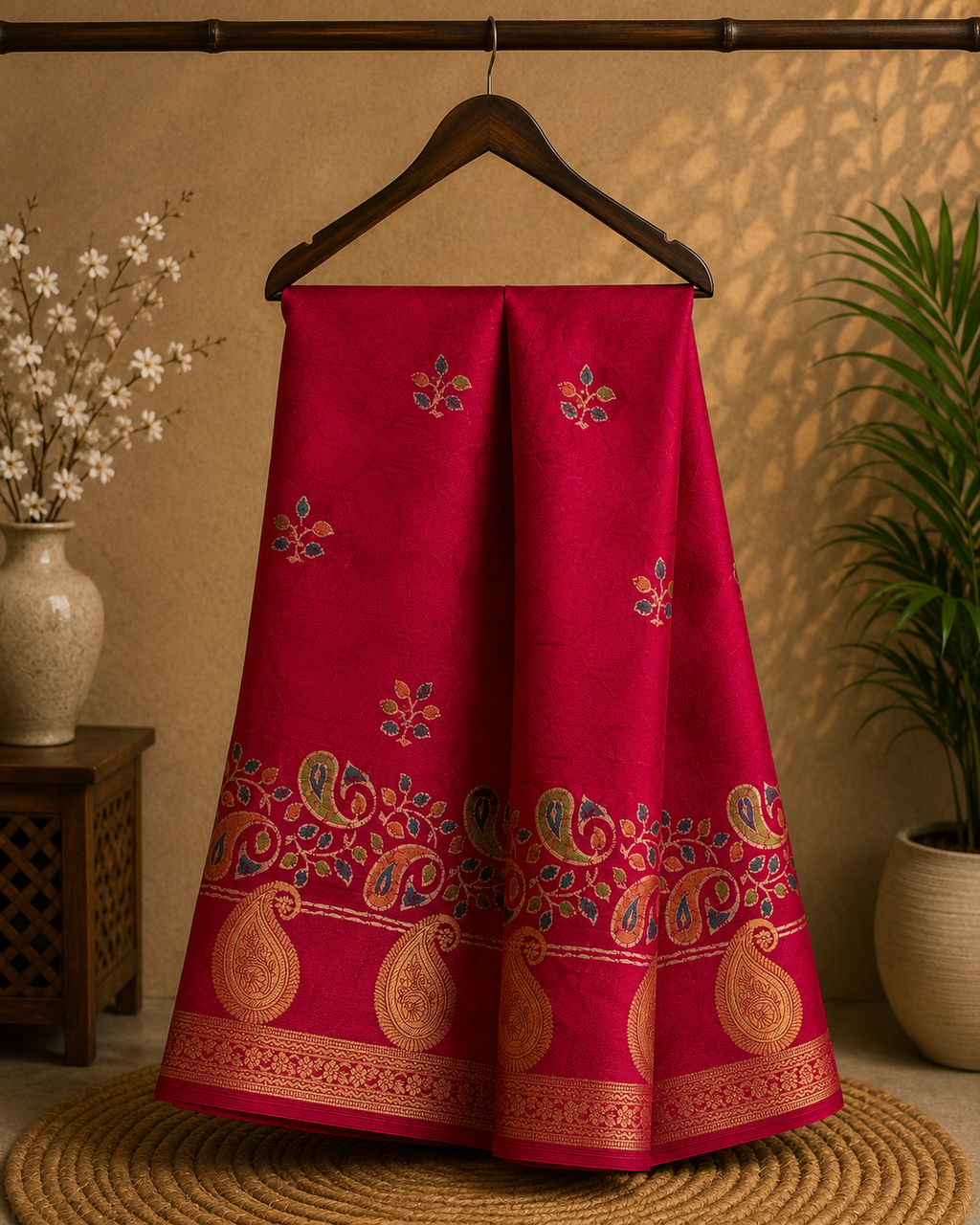 Elegant Rani Pink saree, featuring delicate floral print and beautifully woven golden zari border - Foil Georjjett jacquard Saree