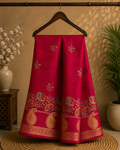 Elegant Rani Pink saree, featuring delicate floral print and beautifully woven golden zari border - Foil Georjjett jacquard Saree