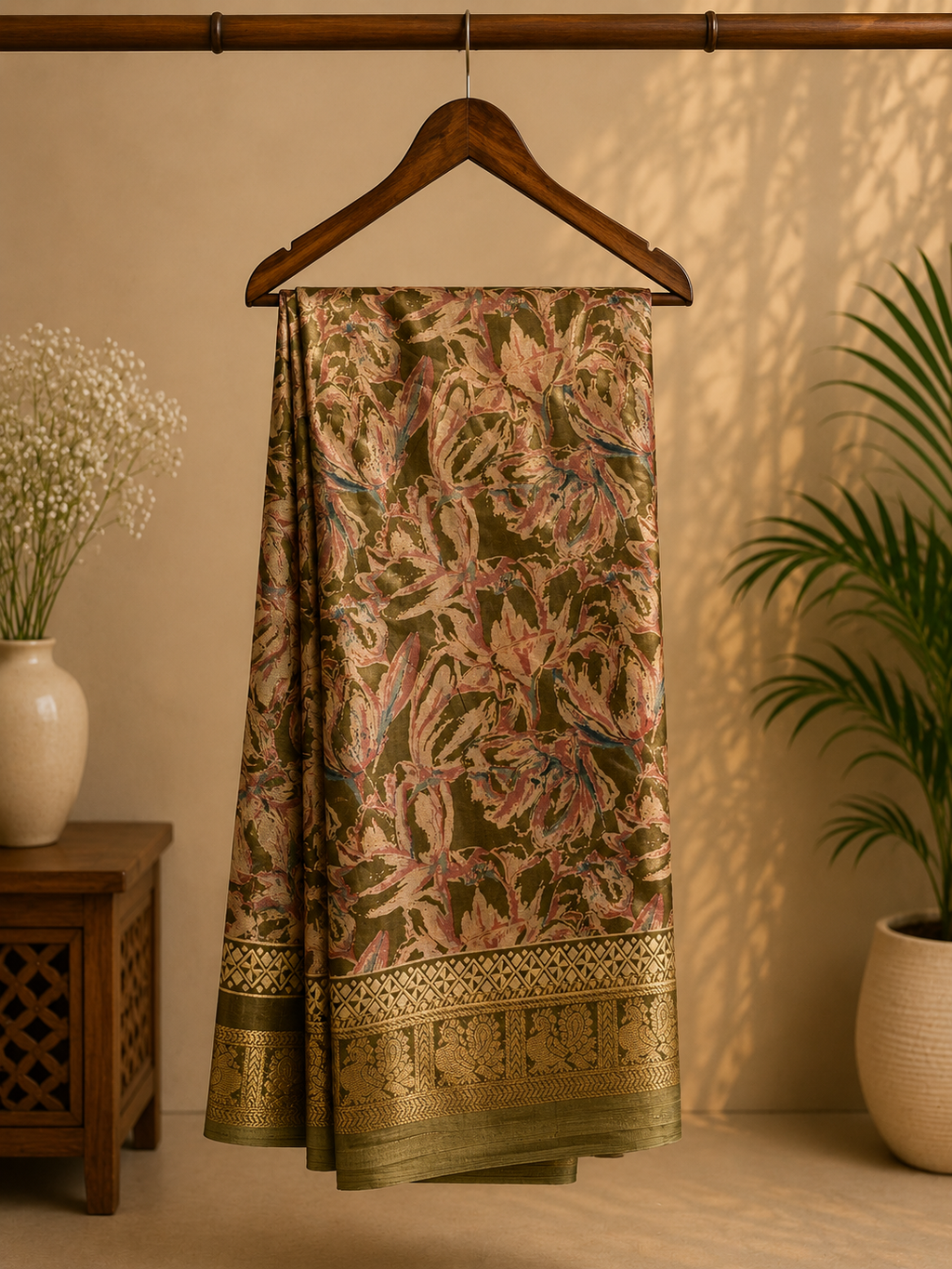 Elegant olive green saree featuring an all-over floral print in soft pink and beige tones, beautifully complemented by a rich golden woven border. - Satin Tissue Saree