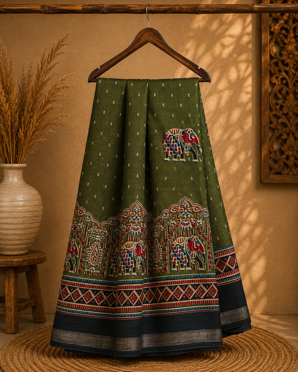 Elegant Olive Green Printed Saree with Elephant Motifs and silver zari line border - Cotton silk soft Saree