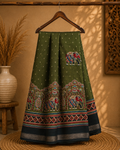Elegant Olive Green Printed Saree with Elephant Motifs and silver zari line border - Cotton silk soft Saree