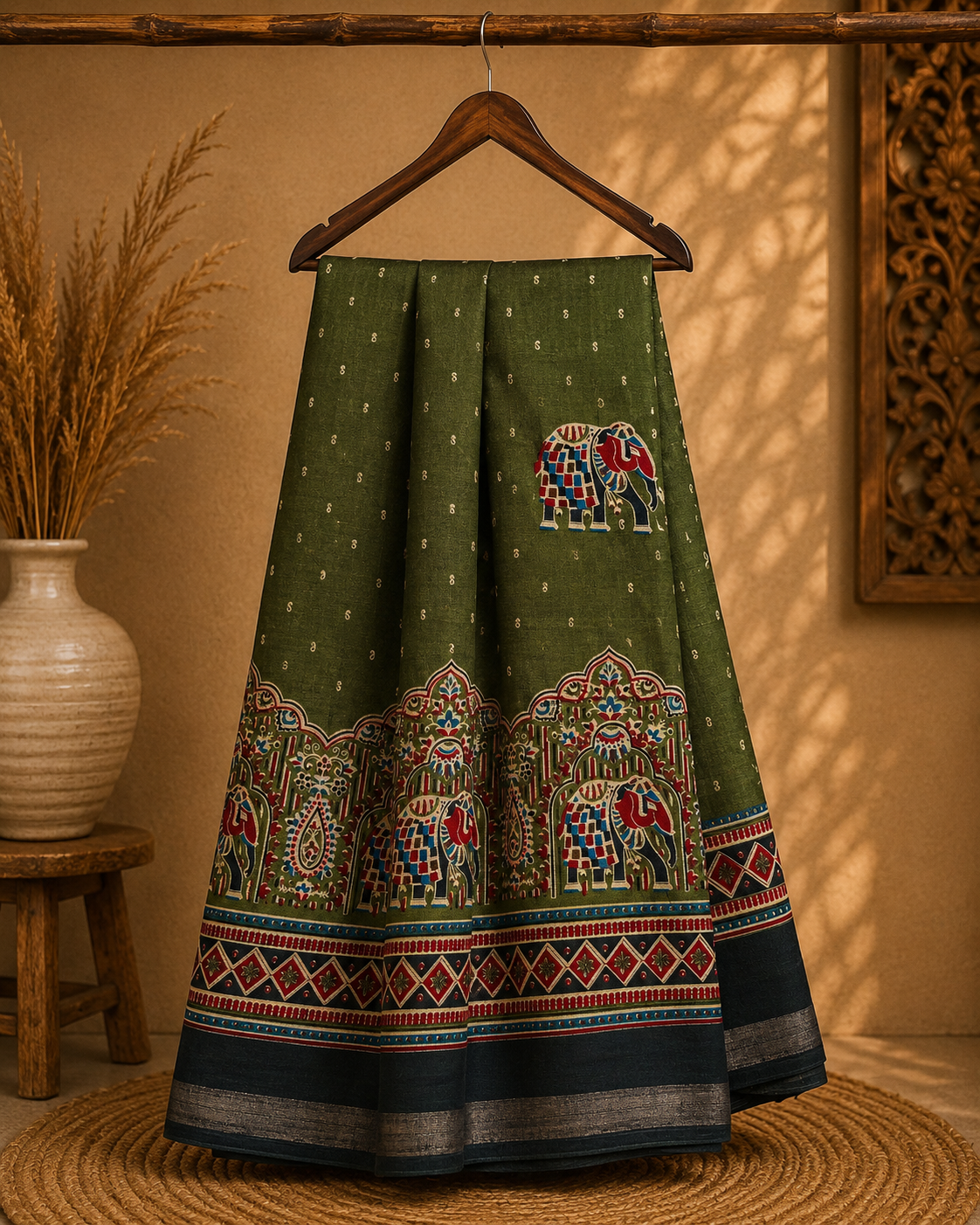 Elegant Olive Green Printed Saree with Elephant Motifs and silver zari line border - Cotton silk soft Saree