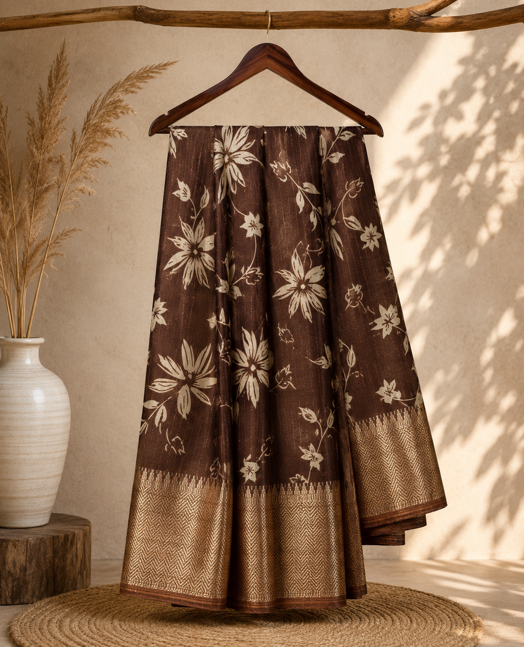 Elegant brown saree adorned with graceful ivory floral prints with Rich zari woven border - Fancy Saree.