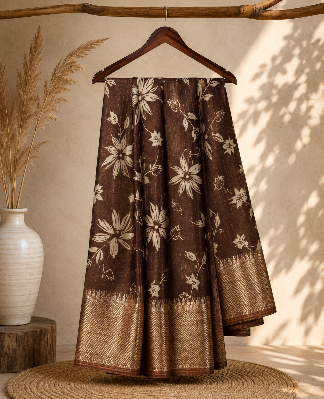 Elegant brown saree adorned with graceful ivory floral prints with Rich zari woven border - Fancy Saree.