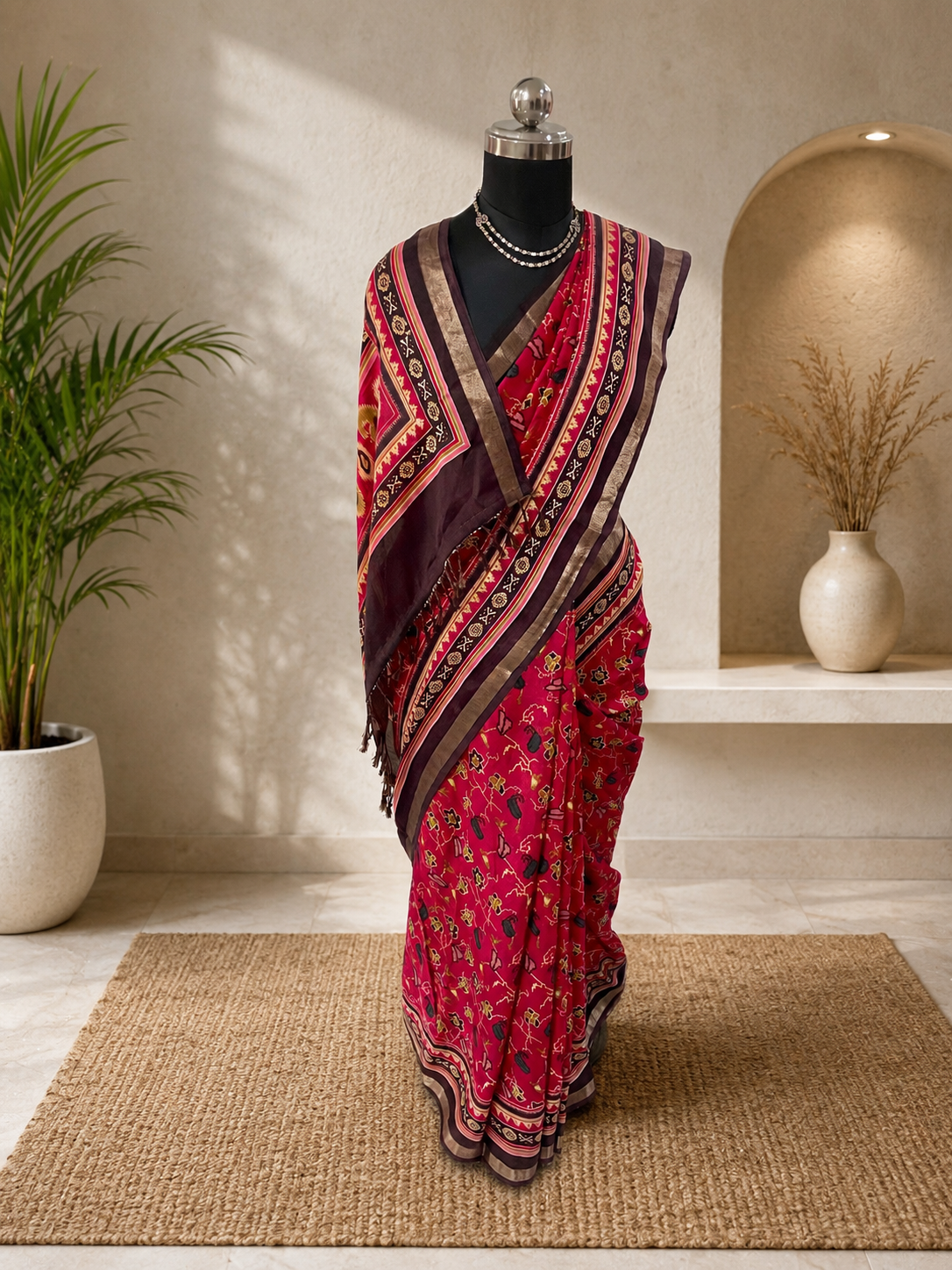Beautiful Soft Cotton Silk Pink and Brown Combination Saree with Gold Zari Border with Tassels and Art Work all over the saree.