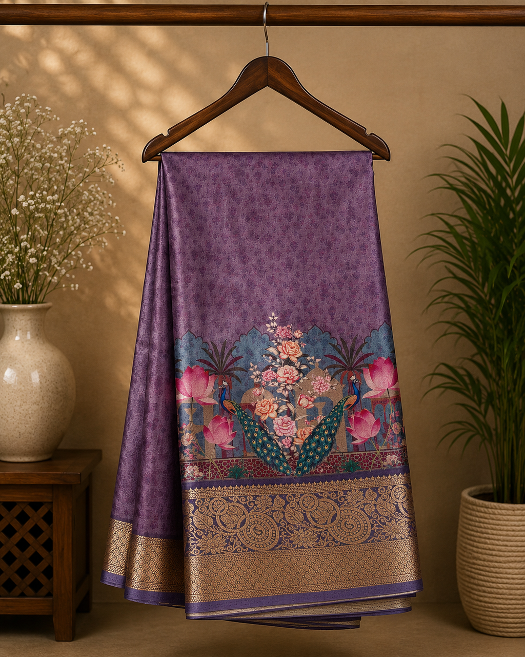 Elegant lavender-purple saree featuring a graceful peacock and floral garden print with rich zari border - Satin Tissue Saree (Copy)