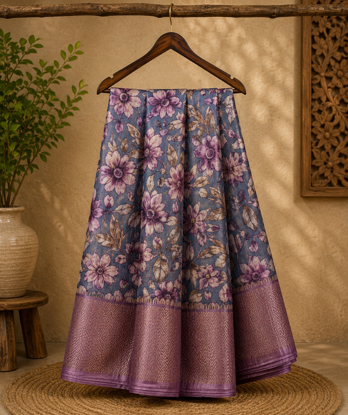 Elegant bluish-grey saree featuring graceful floral prints in soft lavender and beige tones with zari woven border - Fancy Saree Cotton Mix Satin Finish.