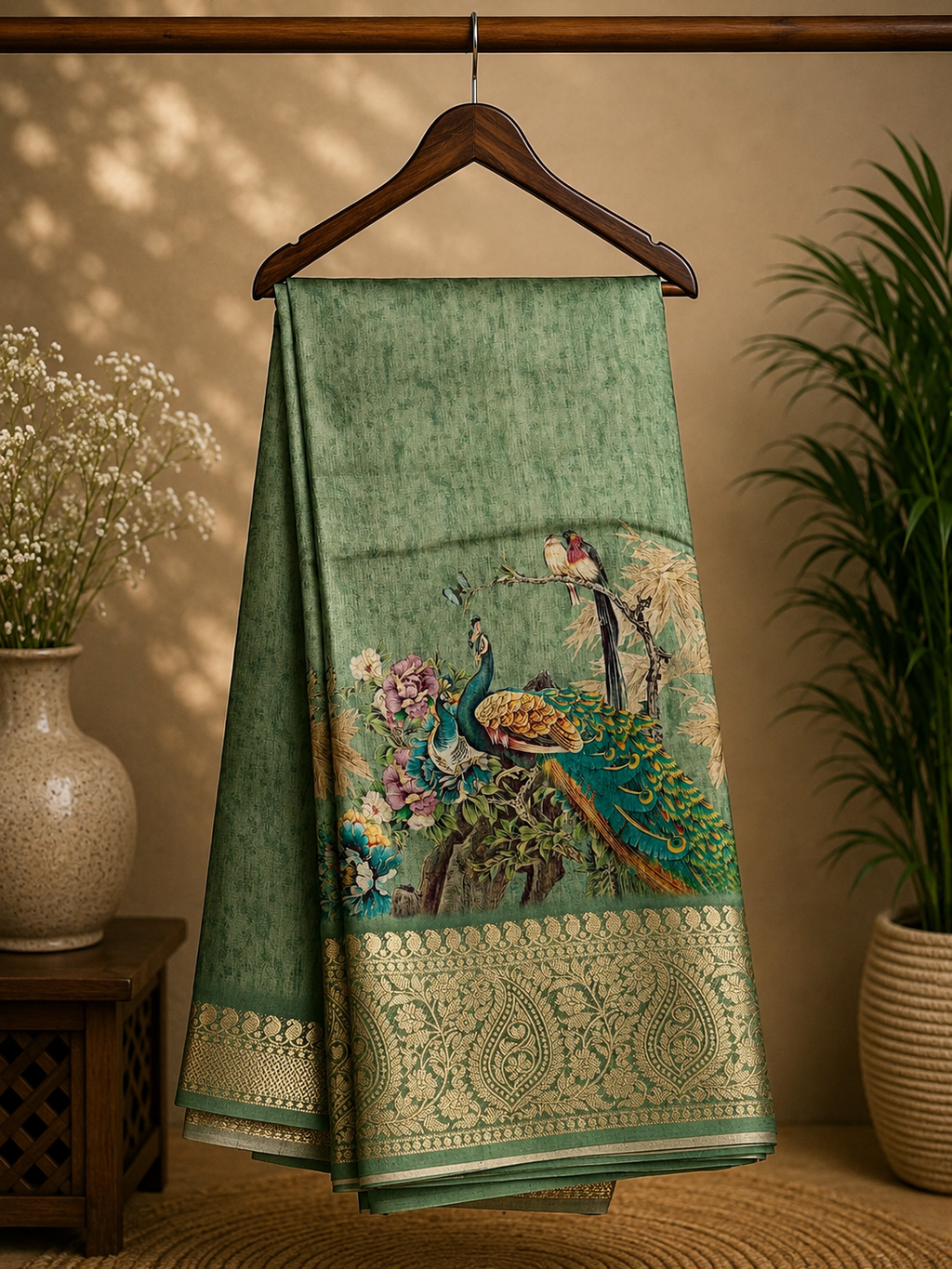Elegant pastel green shade a beautiful  peacock and floral digital print with rich zari border - Satin Tissue Saree
