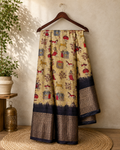 Beautiful Beige Khadi Cotton Saree Featuring vibrant traditional village-life and art prints with Rich Black zari woven border