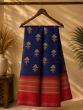 Elegant navy blue saree featuring subtle traditional motifs and a beautifully red-gold Zari Line border- Cotton silk soft Saree