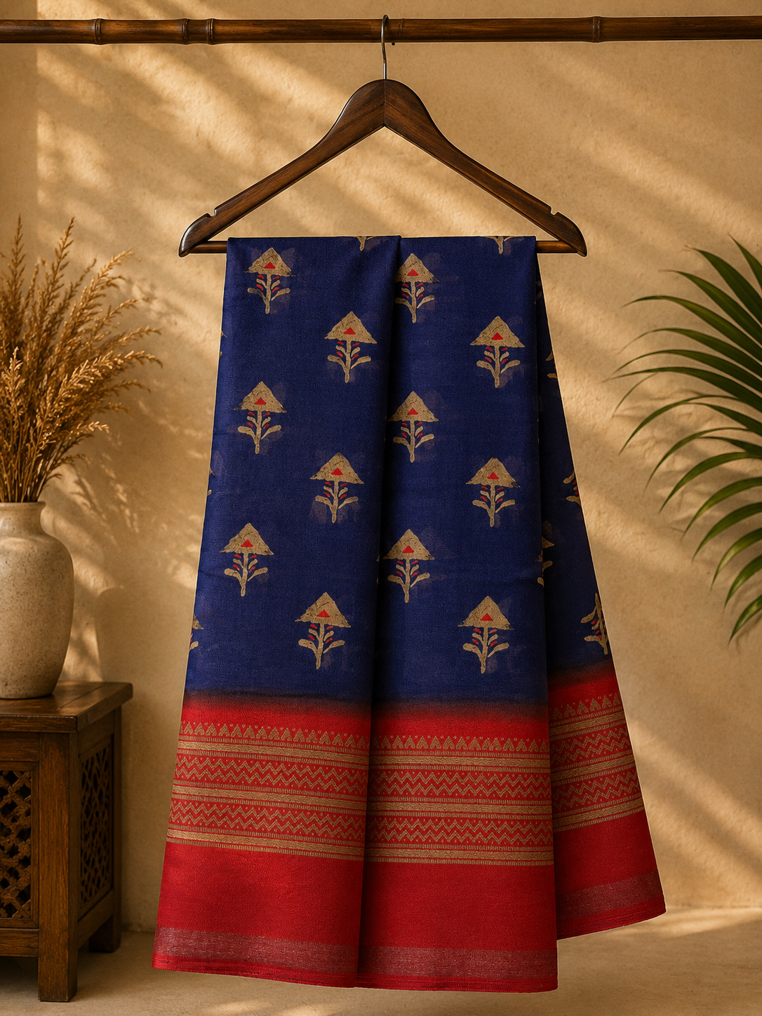 Elegant navy blue saree featuring subtle traditional motifs and a beautifully red-gold Zari Line border- Cotton silk soft Saree