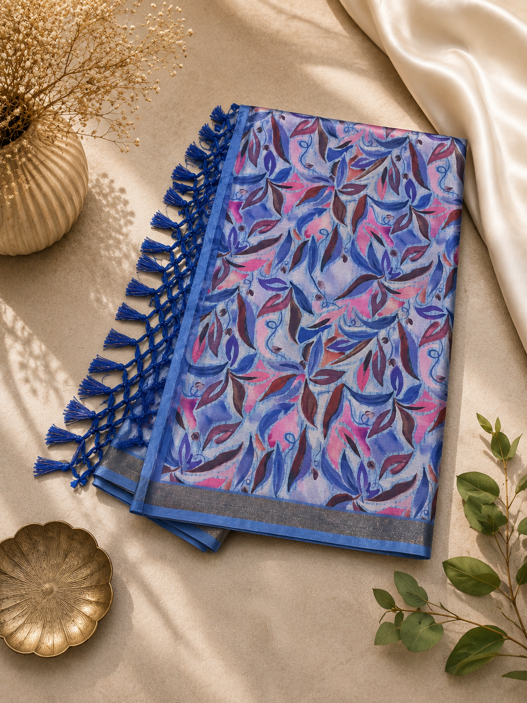 Beautiful Satin and Cotton Combination Saree with Floral design and Woven Border  ( blue, pink, purple, and maroon)
