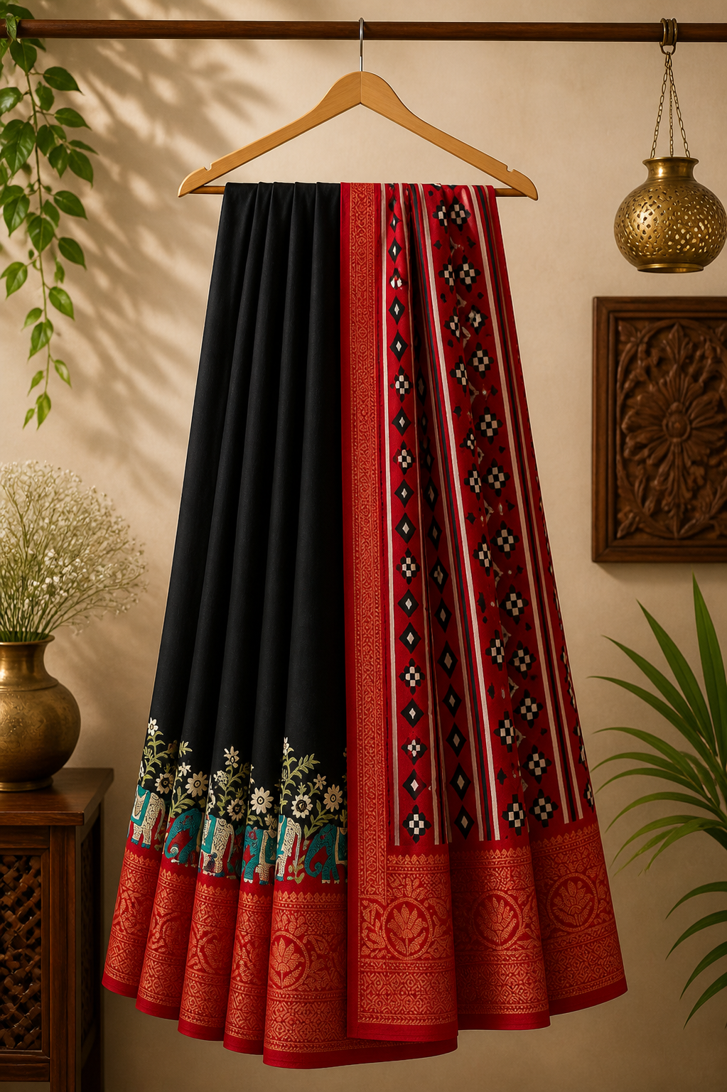 Dola Silk Digital Printed - Black and Vibrant Red  Combination with Mango Border