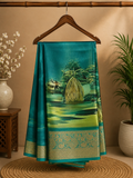 Elegant teal blue featuring a serene village landscape print designs with rich woven zari border - Satin Tissue Saree