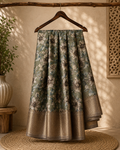 Elegant Sage Green saree adorned with  floral prints with zari woven border - Fancy Saree Cotton Mix Satin Finish.