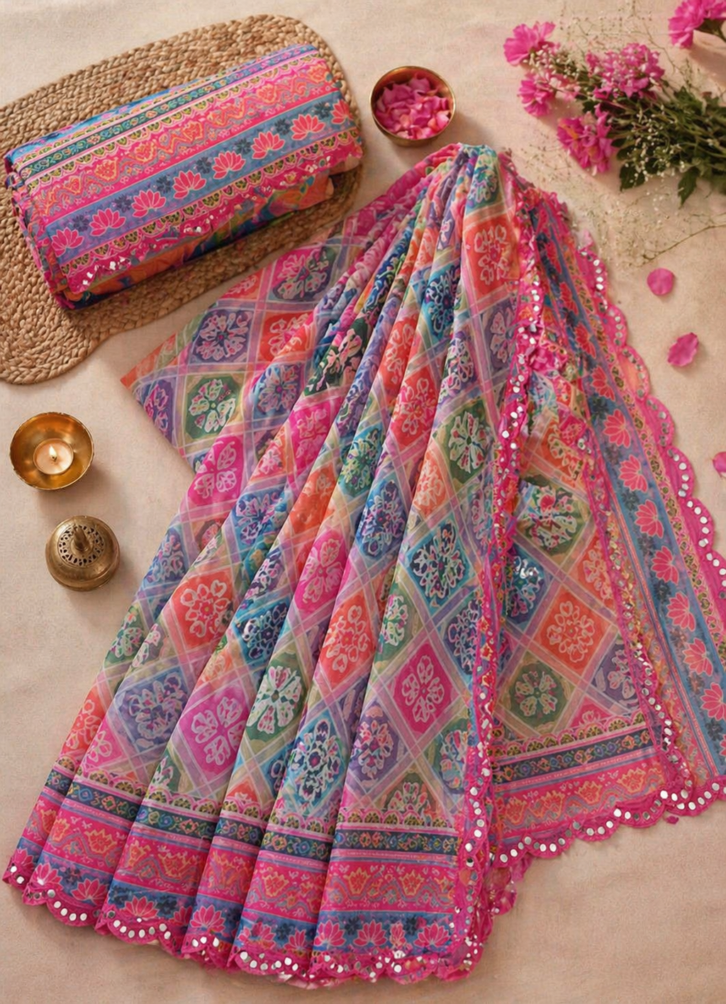 Mirror Work Star Georgette Saree - Pink and Multi Colour Combination