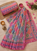 Mirror Work Star Georgette Saree - Pink and Multi Colour Combination