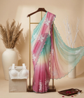 Beautiful Jimmi Choo Saree - Teal to Pink with Beautiful White Floral Embroidery and Scalloped Borders