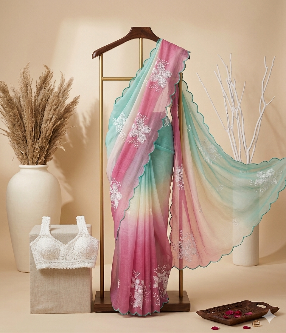 Beautiful Jimmi Choo Saree - Teal to Pink with Beautiful White Floral Embroidery and Scalloped Borders