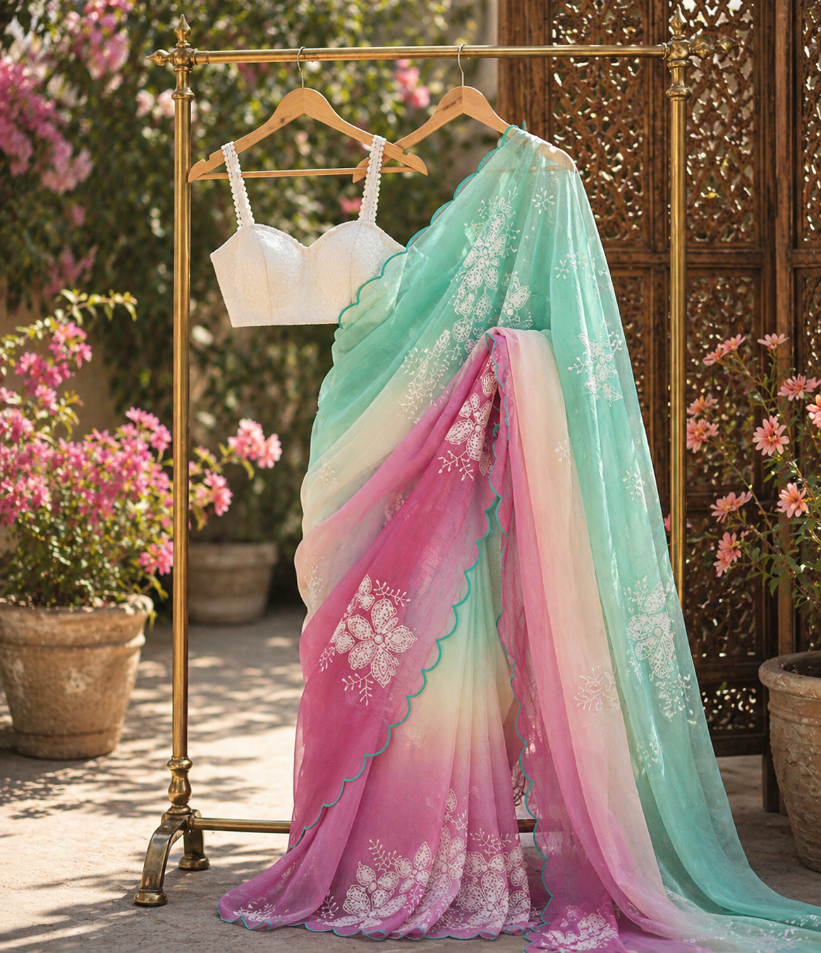 Beautiful Jimmi Choo Saree - Teal to Pink with Beautiful White Floral Embroidery and Scalloped Borders