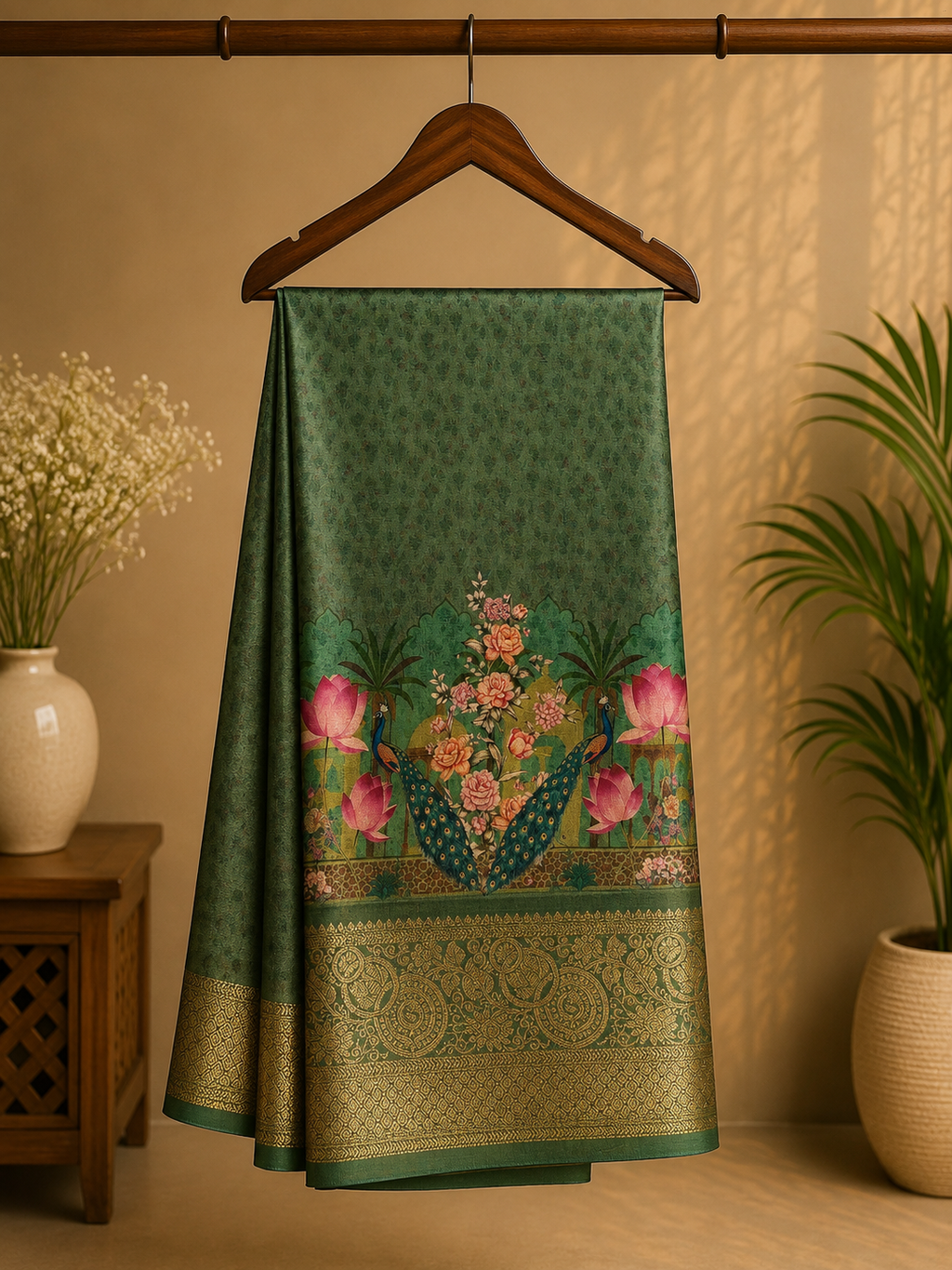 Elegant sage green saree featuring a graceful peacock and nature-inspired print  with rich woven zari border - Satin Tissue Saree