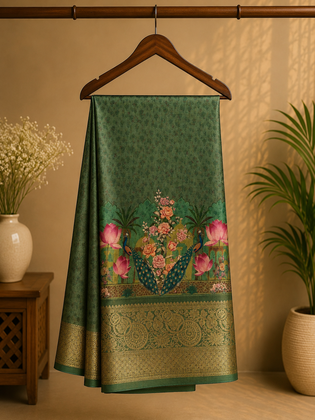Elegant sage green saree featuring a graceful peacock and nature-inspired print  with rich woven zari border - Satin Tissue Saree