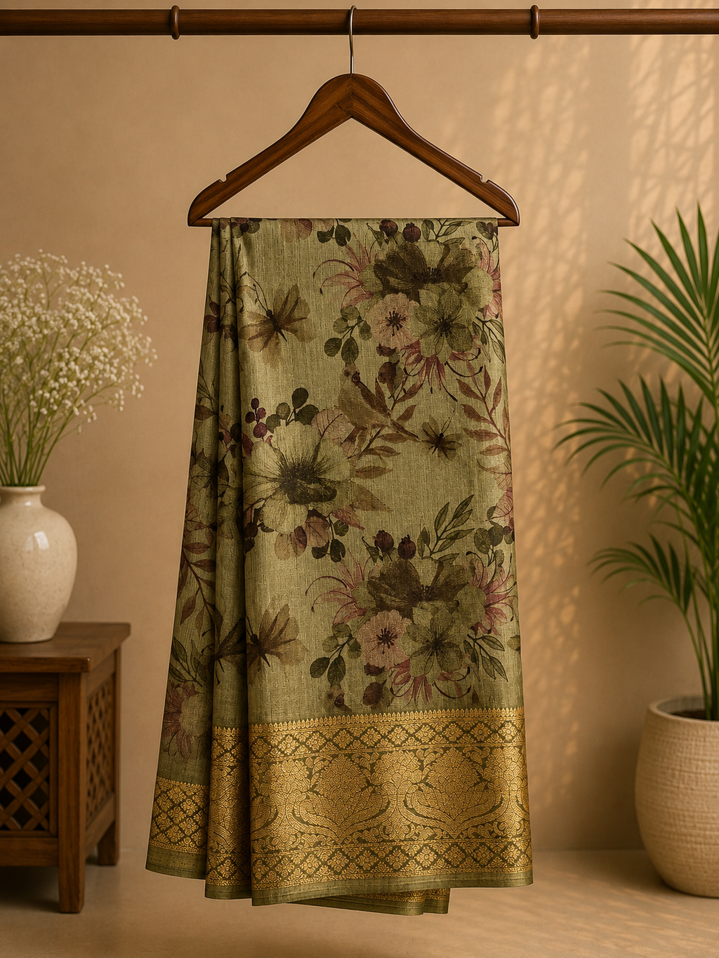 Elegant olive green saree featuring a soft floral print in earthy tones. The beautifully woven golden zari border- Satin Tissue Saree