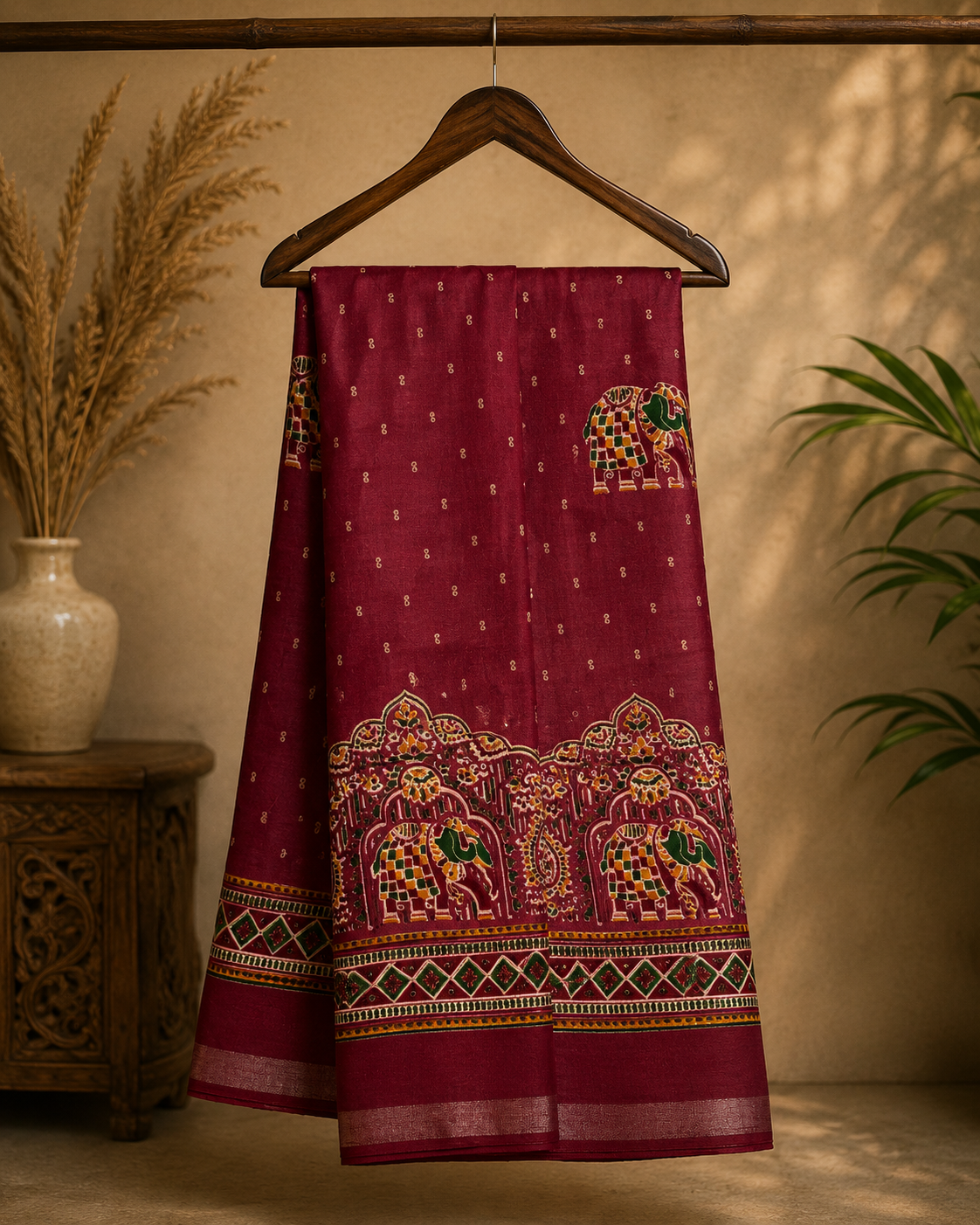 Gracefully designed in a rich maroon -Purple shade, this saree features elegant elephant and heritage-inspired temple motifs Zari Line border- Cotton silk soft Saree