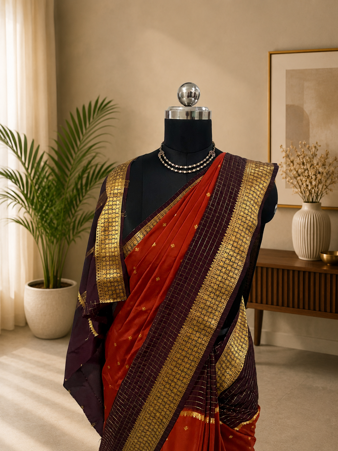 Elegant Crape Chex Patti Saree with Rust Orange and Brown Colour Combination and Premium Zari Border..